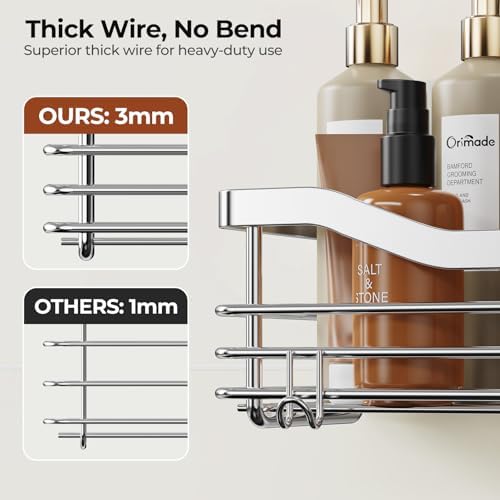 Orimade Shower Caddy Basket Shelf Storage Rack Pack of 2, No Drilling Wall Mounted Adhesive Rust Resistant Stainless Steel Shower Organizer with 5 Hooks for Bathroom, Toilet, Kitchen - Image 4