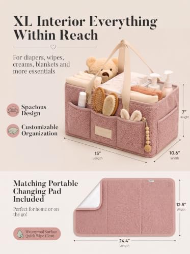 Baby Diaper Caddy Organizer with Waterproof Changing Pad, Pink - Image 5