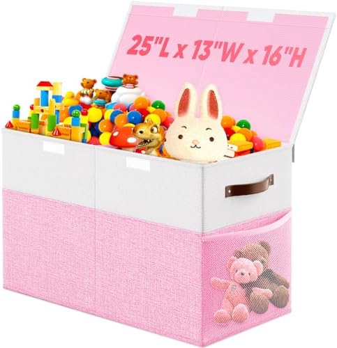 Large Toy Storage Box with Lid & Dividers, Kids Toy Chest, Pink and White by Rocamdo
