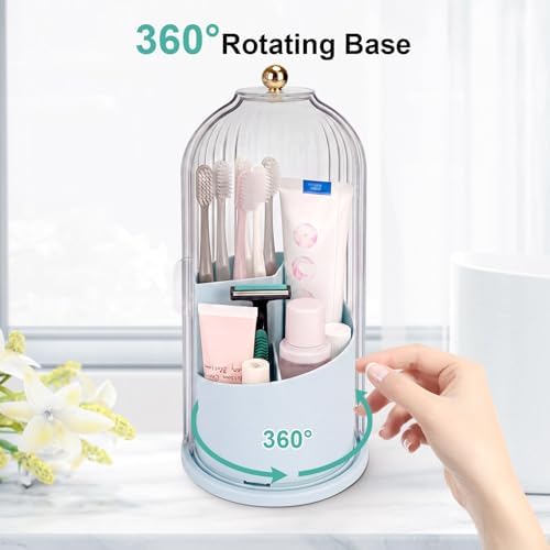 QIYVLOS Toothbrush Holders with Sliding Lid, Rotating 3 Slots Bathroom Organizer Countertop, Tooth Brush Toothpaste Holder Bathroom Counter Stand Sink Organizer Caddy for Makeup Brushes Holder (Blue) - Image 3
