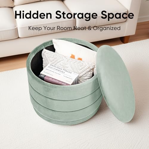 Round Storage Ottoman, 22.8" Velvet Footstool, Sage Green - Image 4
