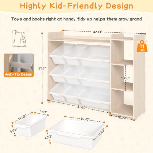 GITAWUSA Kids Bookshelf & Toy Organizer, 3-Tier Shelf/9 Bins, Natural, Pine - Image 2