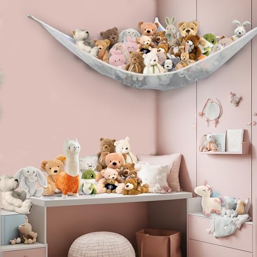 Stuffed Animal Net Hammock Corner Large Toy Storage Organizer Holder Plushies Stuffy Storage Hammock for Kids Baby Nursery Bedroom Playroom Home Wall Room Decor (White) - Image 5