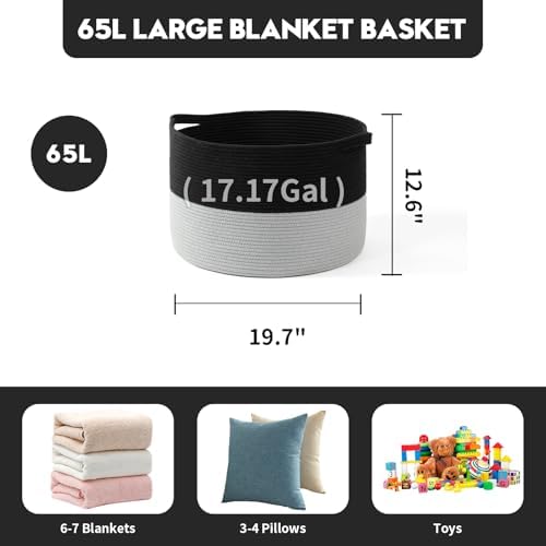 Foldable Laundry Hamper Basket with Collapsible Handle Cotton Rope Soft Woven Fabric Storage Organizer Clothes Toys Nursery Bedroom Dorm Space Saving Bin (Black & Grey, 65L(19.7"D x 12.6"H)) - Image 5