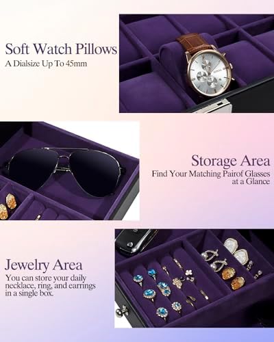 GUKA Watch Box, 12 Slot Watch Case, Watch Cases for men with Real Glass Lid, Synthetic Leather Watch Organizer storage with Jewelry Case, Birthday for Men and Women, Blue Purple - Image 4
