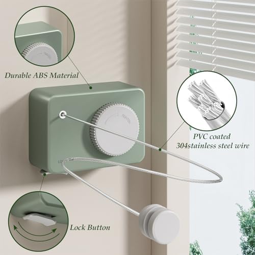Danpoo Retractable Clothesline Heavy Duty - 13.8ft Adjustable Tension Wall Mounted Indoor Outdoor Clothes Drying Line, Compact Laundry Rope with Pulley System(Green) - Image 3