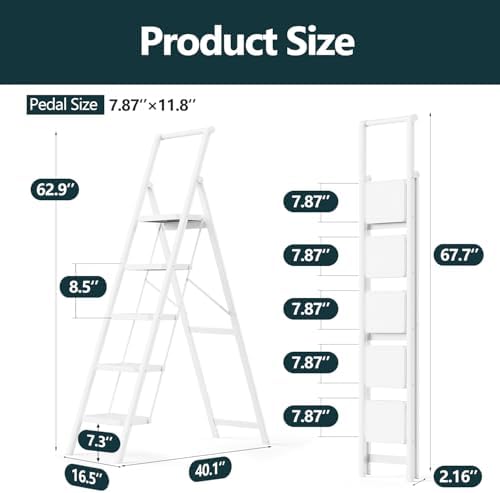 WOA WOA 5 Step Foldable Step Stool with Handrail, 330lbs Load, White - Image 4