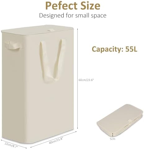 efluky Slim Laundry Basket with Lid, Narrow Laundry Hamper with Handles, Collapsible Dirty Clothes Hamper, Tall Laundry Bin for Laundry Room, Dorm and Bedroom, 55L Beige - Image 2