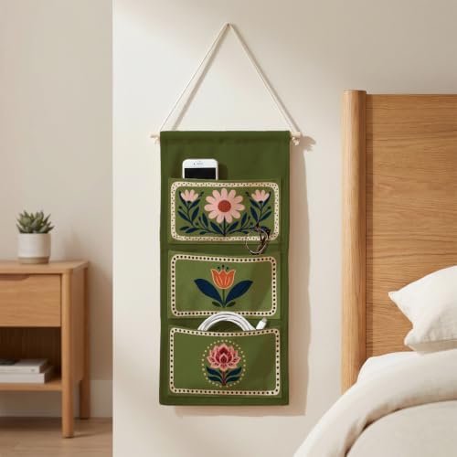 IAXIC Folk Dot Floral Border Canvas Wall Hanging Organizer with Pockets - Image 2