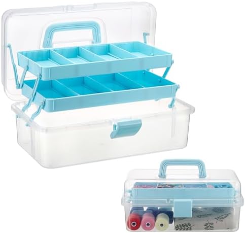 BTSKY 3-Layer Clear Plastic Dividing Storage Box Craft Organizer and Storage with Adjustable Spacers Portable Handled Art Supply Organizer Multipurpose Home Utility Box Sewing Organizers (Blue) by BTSKY