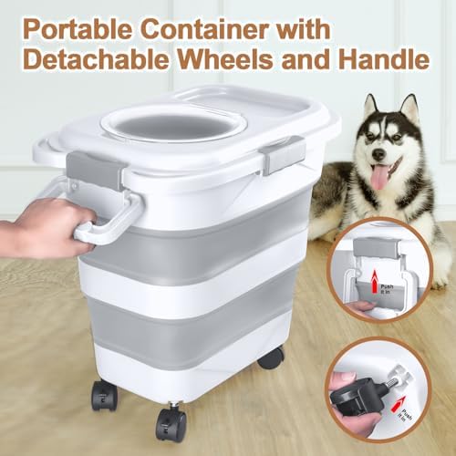 Dog Food Storage Container，10-25 lbs Airtight Collapsible Cat Food Storage Container with Attachable Wheels, Portable Handle, Dog Food Scoop for Dog Cat Bird Pet Dry Food Storage Bin Light Grey - Image 3