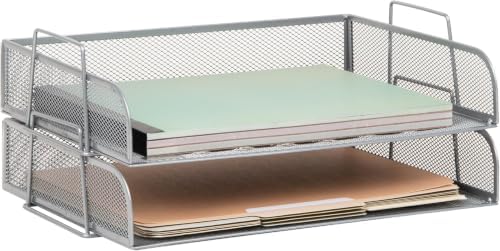 Mind Reader Stackable Paper Tray, Desktop Organizer, File Storage, Office, Metal Mesh, 13.25" L x 9.75" W x 6.25" H, 2 Pcs., Silver (Pack of 8) by MindReader