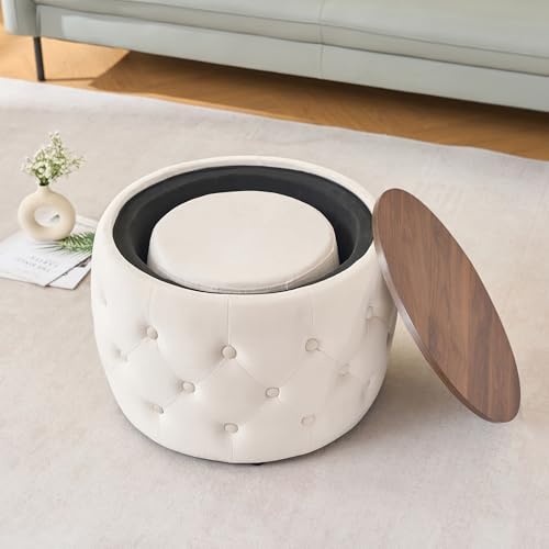 Mofolit 22.5" Round Storage Ottoman,Velvet Coffee Table (Beige) - Image 5