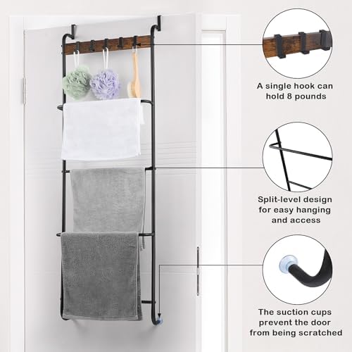 Over The Door Towel Rack Bathroom Behind Door Towel Holder with Hooks 5 Tier Over The Door Towel Bar Hanger Organizer for Bathroom Bedroom Bathroom Accessories, Metal (Black) - Image 4