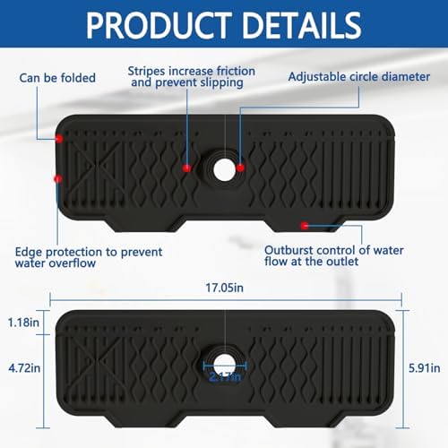 Kitchen Sink Accessories -17" x 6'' Sink Splash Guard,Silicone Sink Mat Splash Guard, fit for Countertop, Bathroom,Farmhouse,RV by EBIGIC (Black) - Image 2