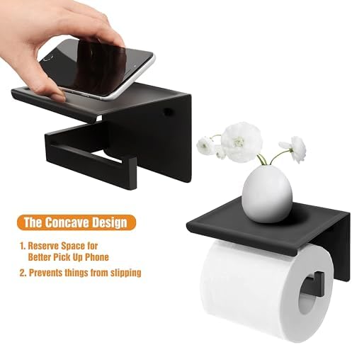 HITSLAM Toilet Paper Holder with Shelf, Stick on Matte Black Toilet Paper Roll Holder, Self Adhesive or Wall-Mount with Screws for Bathroom,Washroom - Image 6