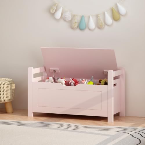 Storage Chest, Storage Bench with Cushion Seat, Toy Chest, Wooden Toy Box with 2 Safety Hinges, Shoe Bench, for Entryway, Living Room, Bedroom, Pink - Image 7
