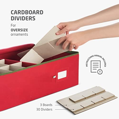 ZOBER Underbed Christmas Ornament Storage Box - Stores 72 Large 4" Ornaments, With Dividers - Tear Proof 600D Oxford Fabric, Ornament Organizer Storage Box, Durable Christmas Containers Holder - Red - Image 4
