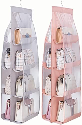 AARAINBOW 2 Packs Hanging Handbag Purse Organizer, Hanging Hand Bag Organizer Wardrobe Closet Purse Holder, 8 Pockets, 43.3L x 14.1W (B Gray Light Pink) by AARAINBOW