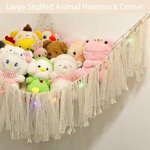 Stuffed Animal Hammock with LED Lights - 59 Inch Large Toy Storage Net for Kids Bedroom, Wall-Mounted Plush Organizer with Wooden Rings, Nursery Decor (Handwoven, White) - Image 3