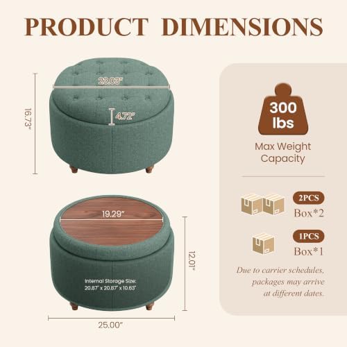 25" Round Ottoman with Storage, Small Coffee Table with Reversible Tray Lid - Image 2