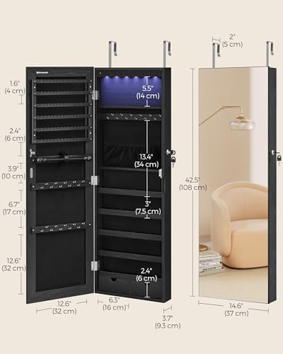 SONGMICS Mirror Jewelry Cabinet Armoire, Wall or Door Mounted, Lockable - Image 6