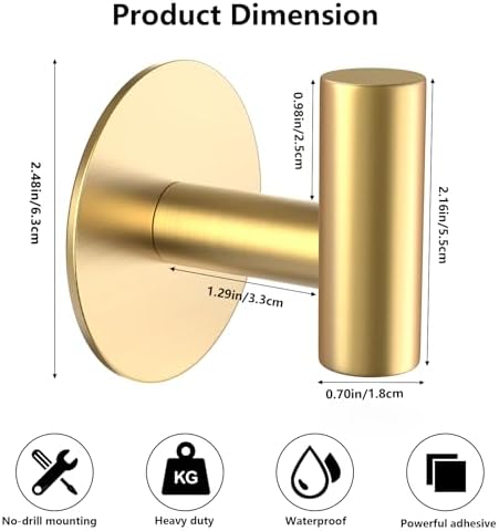 Gold Stainless Steel Wall Hooks, Heavy Duty Self-Adhesive Hooks for Coats, Towels, Robes, Hats, Aprons – No Drill Bathroom, Kitchen, Hotel (2 Pack) - Image 2