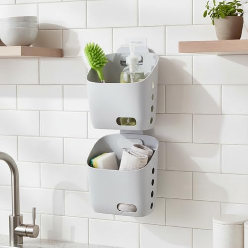 LeleCAT Plastic Hanging Basket Kitchen Storage organizer, Basket with Detachable hook, Hang it behind a door or on a railing, Over the Cabinet Door (Light Gray, Small) 2pack - Image 3