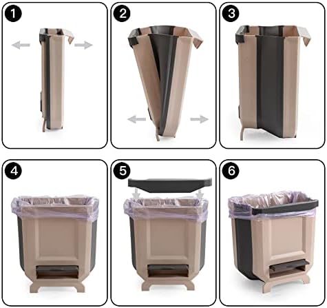 Hanging Kitchen Trash Can, Foldable Waste Bin for Kitchen, Collapsible Hang Small Plastic Garbage Can 2.4 Gallon for Cabinet/Car/Bedroom/Bathroom (Brown) - Image 4