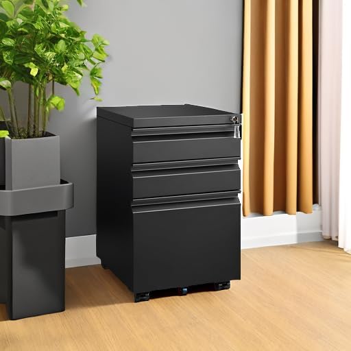 Approgreent 3 Drawer File Cabinet for Home Office, Under Desk Mobile Filing Cabinet with Lock for A4-Size/Letter-Size/Legal-Size, Black (HSEJ-3D) - Image 2