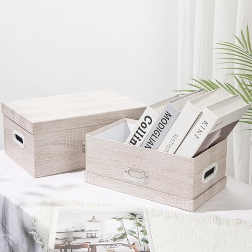 Briful Set of 2 Rustic Wood Grain Storage Boxes with Lids – Stackable Rectangular Organizer Bins, 14'' + 13'' Set Decorative Storage Containers for Bedroom, Living Room, Gifts - Image 3