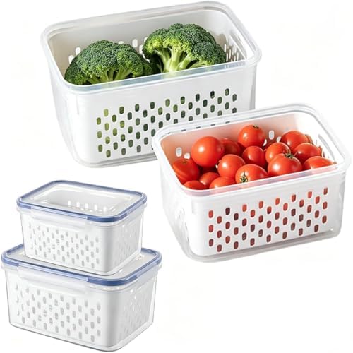 2 PCS Fruit Storage Containers for Fridge with Removable Colander, Leakproof Airtight Food Saver, Plastic Storage Organizer for Berry, Vegetable, Meat by Unknown