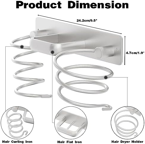 hicorfe Hair Dryer Holder 3 in 1 Hair Tool Organizer,Blow Dryer Holder Wall Mounted,Bathroom Bedroom Care Styling for Flat Iron,Curling Iron,Hair Straightener（Silver） - Image 2