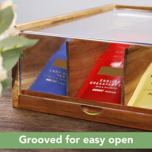HTB Acacia Wood Tea Bag Organizer Storage Box with 6 Compartments - Image 2