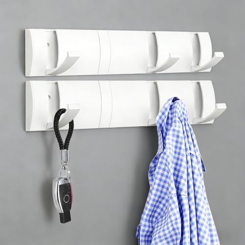 Folding Coat Hooks, Wall Mounted Coat Rack with 8 Retractable Hooks, Heavy Duty Towel Rack for Bathroom Wall Hook for Hanging Clothes Bathrobe, Stainless Steel Coat Hanger for Entryway(White) by Vanloory