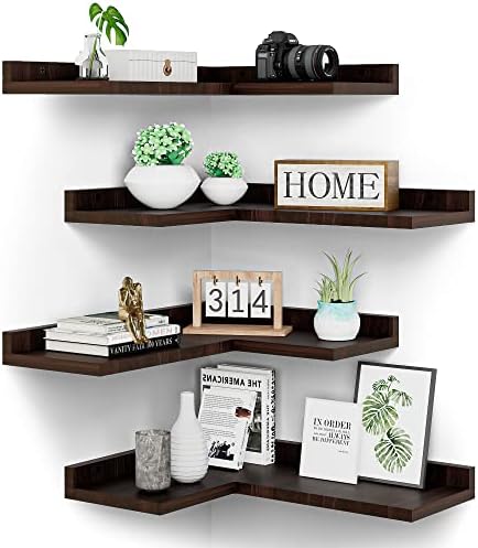 4 Tier Floating Corner Shelves Set of 4, Rustic Pine Wooden Floating Corner Wall Shelf for Wall Décor Storage, L Shaped Corner Shelf Wall Mount For Bedroom, Living Room, Bathroom, Kitchen, Red Brown. by Eostbe
