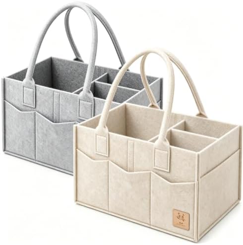 HIPHOP PANDA 2-Pack Diaper Caddy Organizer - Newborn Essentials Baby Registry Must Haves - Sturdy Nursery Storage Bin & Portable Car Caddy for Diapers & Wipes - Grey/Oatmeal Gift Set by HIPHOPPANDA