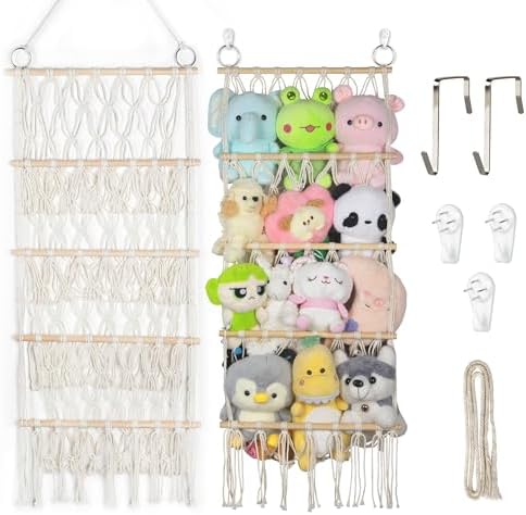 42cm Wide Over The Door Stuffed Animal Storage Hammock Corner Wall Hanging Storage Holder Boho Macrame Plush Toy Organizer Net for Stuffed Animal by Qoroos