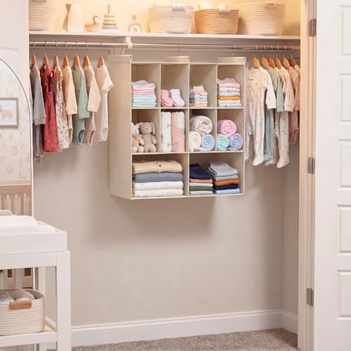 3 Tier Hanging Closet Organizer, 10 Compartments Dual Row Storage, Beige - Image 2