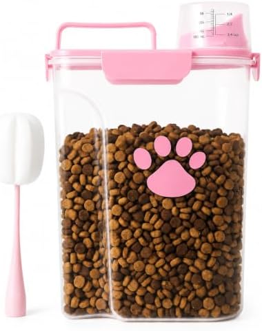 5-7Lbs Airtight Dog Cat Food Storage Container with cleaning brush,Measuring Cup,4 Snap Seals,Portable Pet Food Containers with Upgraded Large Nozzle for Dogs,Cats,Birds,Small Animals(Large-Pink) by Kapituem