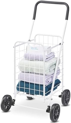 Whitmor Folding Utility Shopping Cart with Wheels, Heavy Duty Metal Grocery Cart, Portable Foam Handle, Rolling Collapsible Trolley for Groceries, Laundry, Storage, White - Image 3