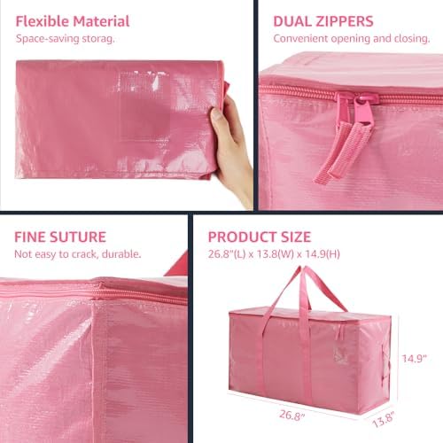 Moving Bags Heavy Duty Extra Large, Moving Boxes, Moving Supplies Essentials,Storage Bins with Lids, Plastic Packing Totes, Storage Bags for Clothes with Handles & Zippers(Pink, 6 Pack) - Image 7