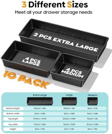 10 Pack Large Size Plastic Drawer Organizers Set, 3 Sizes Desk Drawer Organizer Trays, Storage Bins for Vanity, Makeup, Bathroom, Kitchen Utensils and Office (Black) - Image 2