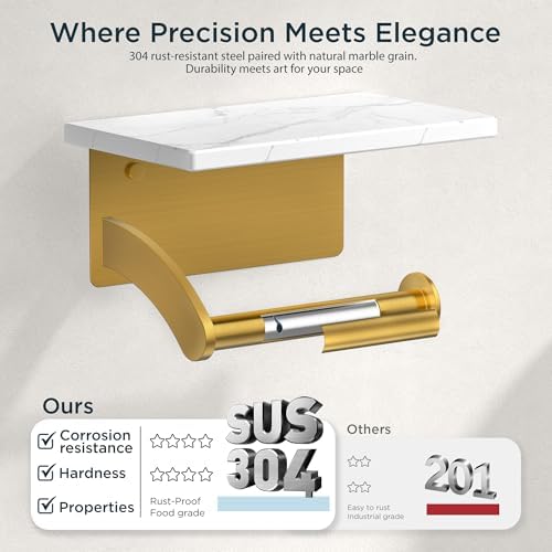 FORIOUS Natural Marble Toilet Paper Holder with Phone Shelf, Commercial - Image 3
