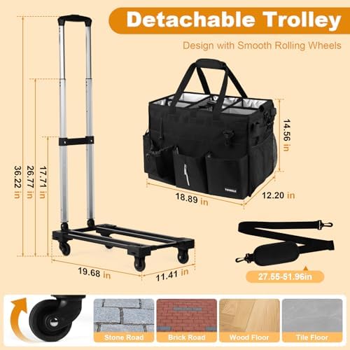 Extra-Large Rolling Cleaning Caddy with Wheels,Cleaning Caddy Bag with Detachable Trolley,Water Resistant Lining Cleaning Supply Organizer with Handle for Cleaners,Housekeepers (Black) - Image 2