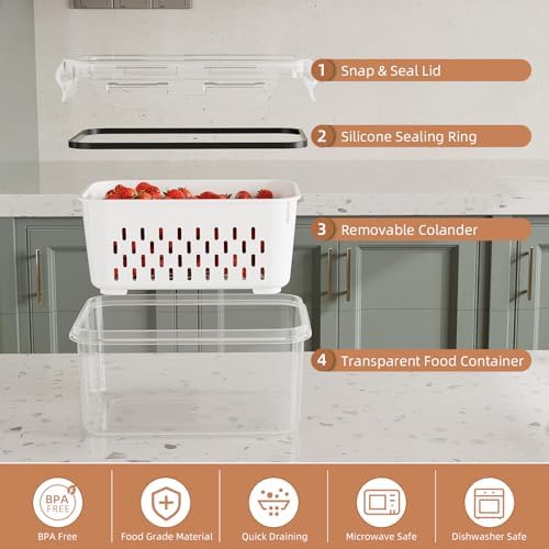 KEMETHY 10 Pack Fruit Storage Containers for Fridge with Removable Colanders - Food Storage Containers with Lids, BPA-Free Produce Containers Keep Fruits, Vegetables, Berry, Meat Fresh Longer - Image 4