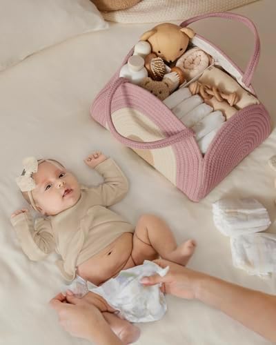 Blissful Diary Diaper Caddy Organizer, Woven Cotton Rope, Blush Rainbow - Image 3