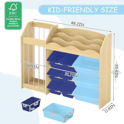 EXPERLAM Kids Toy Organizer, Scalloped Shelf, Plush Holder, 12 Blue Bins - Image 2