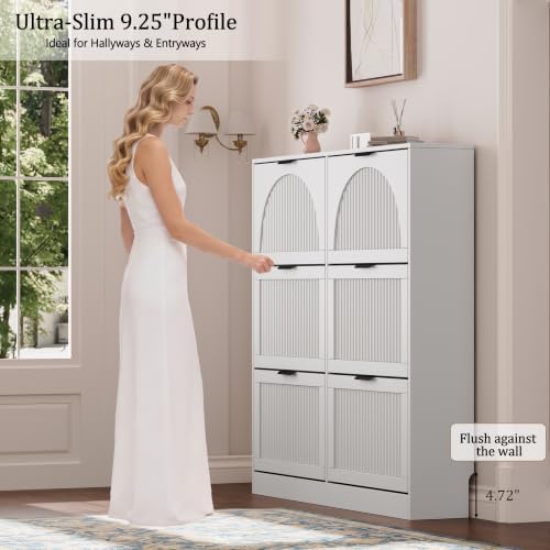 Fluted Shoe Storage Cabinet for Entryway, 6 Flip Drawers, White - Image 4