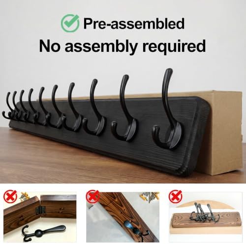 WEBI Coat Rack Wall Mount,10 Hooks,38 9/16" Long Coat Hooks Wall Mounted,16" Hole to Hole,Large Wood Coat Hanger Wall,Hook Rack for Hanging Coats,Jacket,Clothes,Hats,Black,2 Packs - Image 6